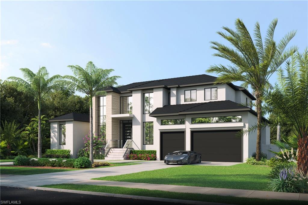 Architectural rendering. Plans and finishes can be customized. Contemporary house with driveway, stucco siding, a front lawn, and an attached garage.