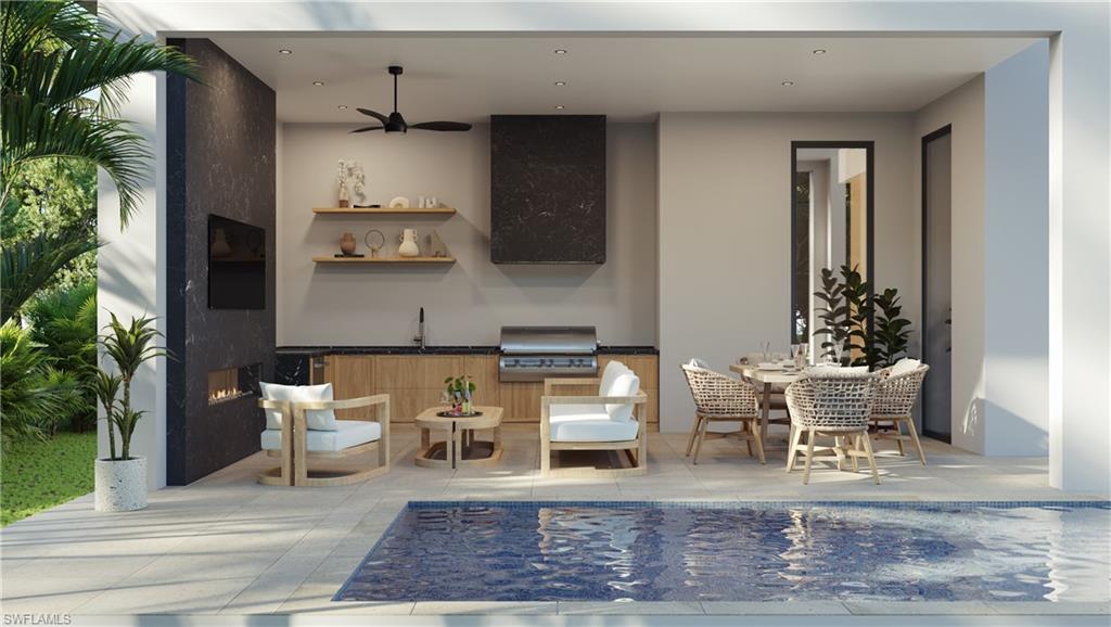 Architectural rendering. Plans and finishes can be customized. Patio outdoor kitchen featuring open shelves, recessed lighting, dark countertops, and a ceiling fan.