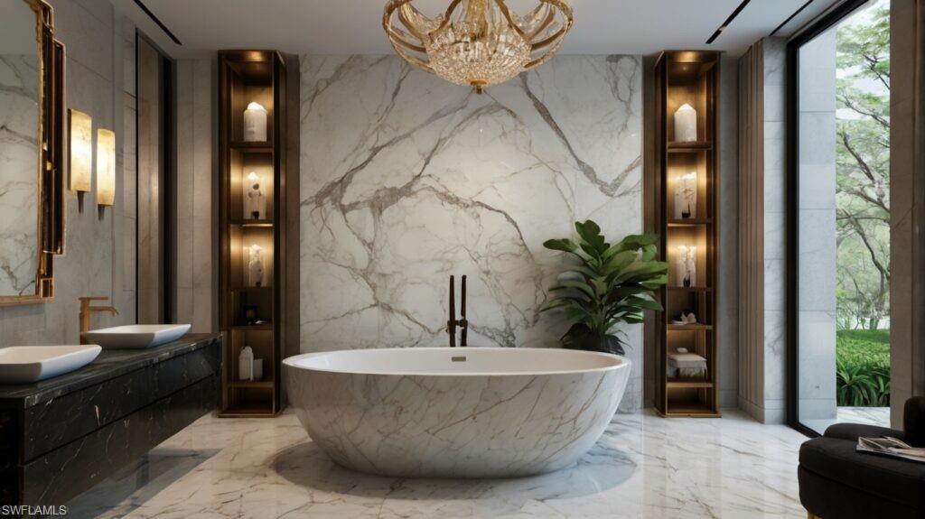 Photos are of a similar home by builder and are for illustrative purposes only. Full bathroom featuring stone wall, double vanity, marble tiled flooring, and a soaking tub.