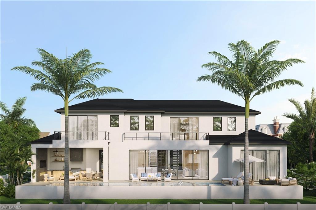 Architectural rendering. Plans and finishes can be customized. Rear view of house featuring an outdoor hangout area, a patio area, stucco siding, and a balcony.