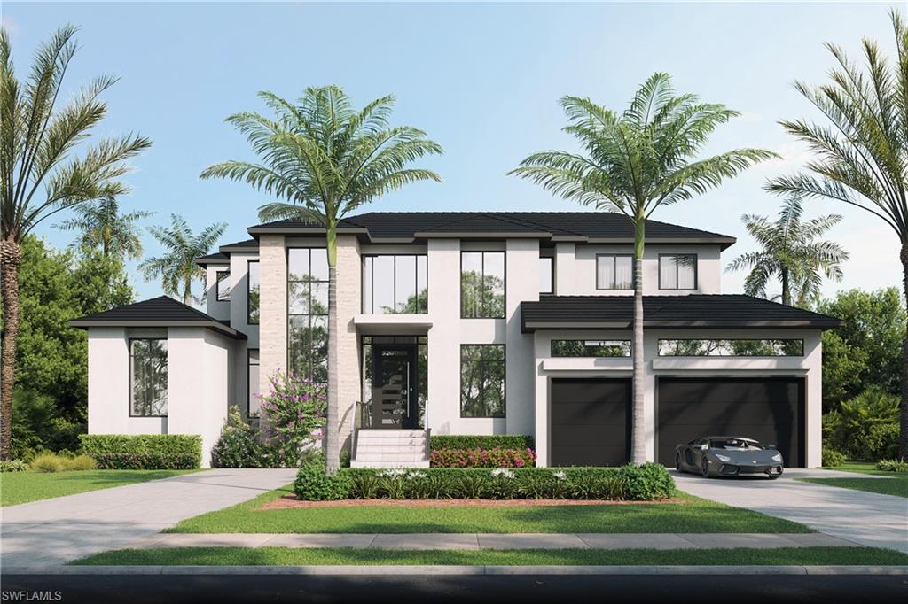 Architectural rendering. Plans and finishes can be customized. Contemporary home featuring concrete driveway, stucco siding, and an attached garage.