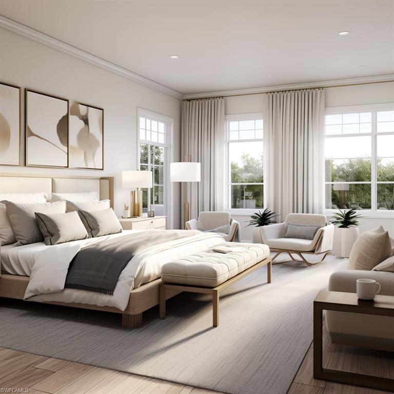 Photos are of a similar home by builder and are for illustrative purposes only. Bedroom featuring crown molding, recessed lighting, and wood finished floors.