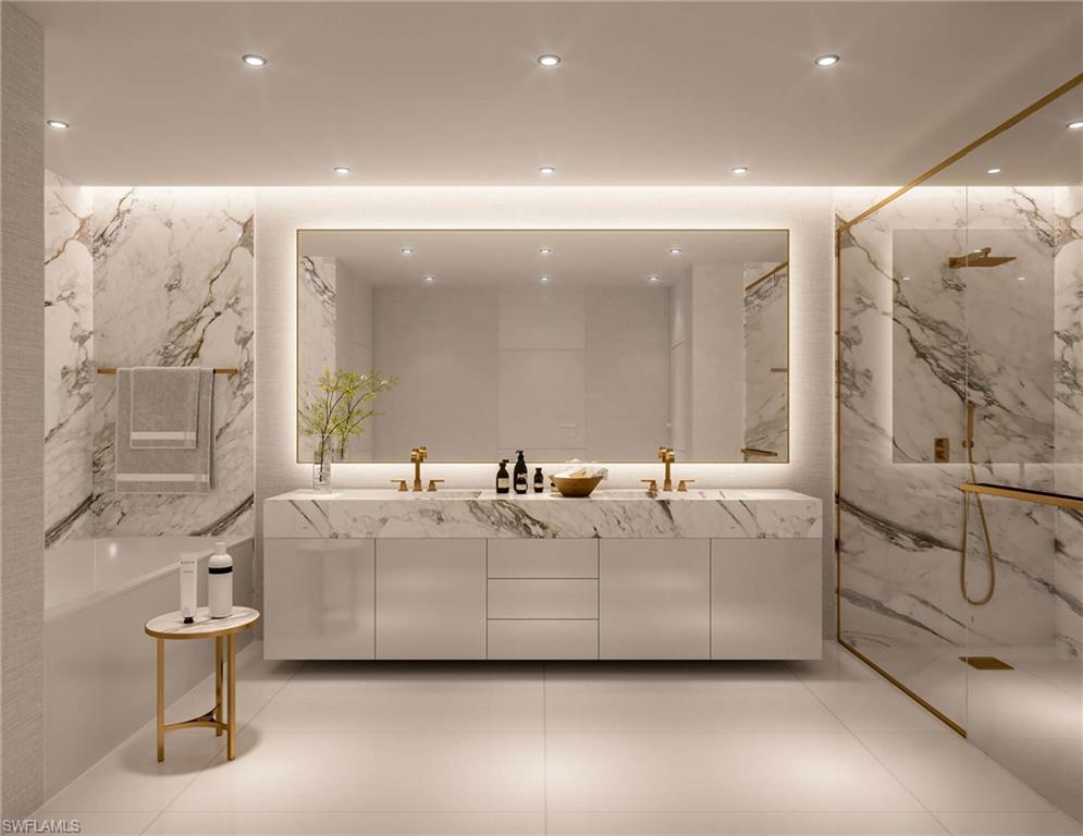 Owner's bathroom renderings with a marble finish shower, double vanity, and recessed lighting