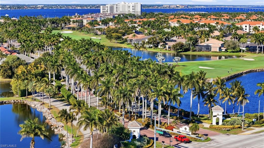 Aerial view of a large body of water and a golf club
