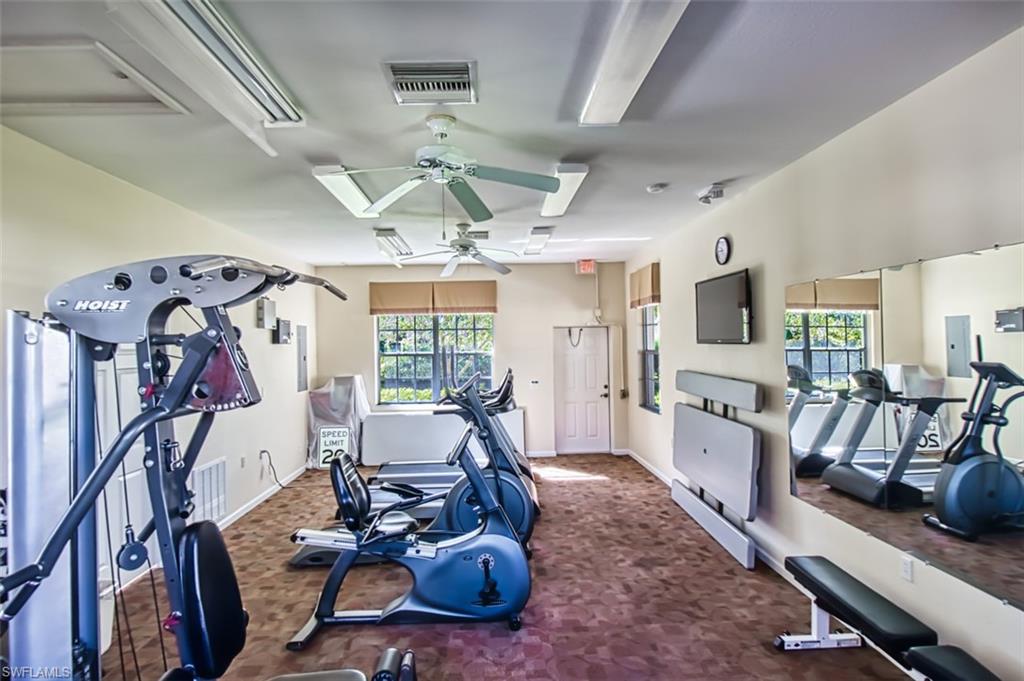 Exercise room featuring a ceiling fan and electric panel