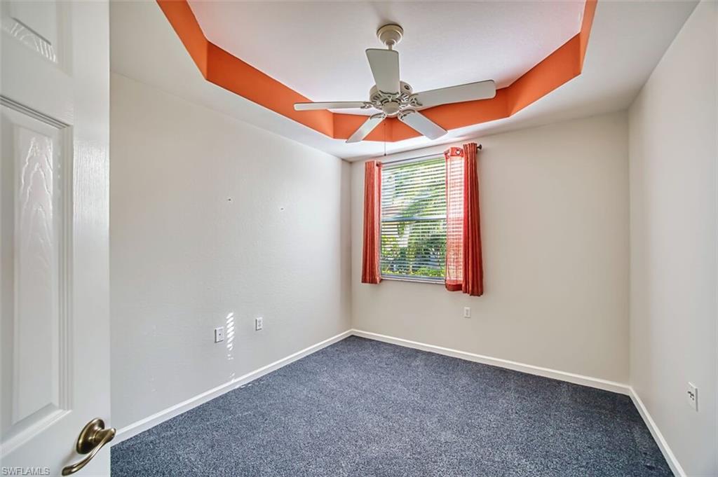Unfurnished room featuring a raised ceiling, carpet floors, and a ceiling fan