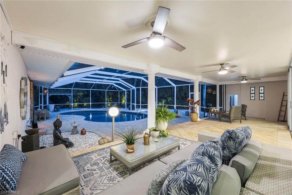 Dusk at the pool, expansive covered screened lanai