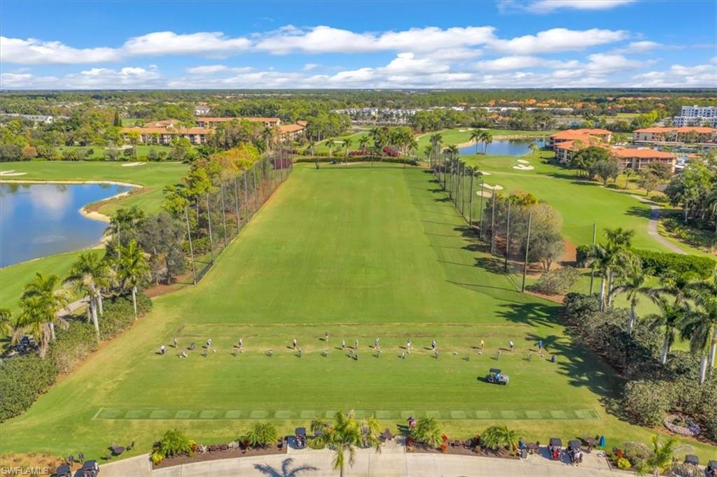 Bird's eye view of a nearby body of water and a golf club