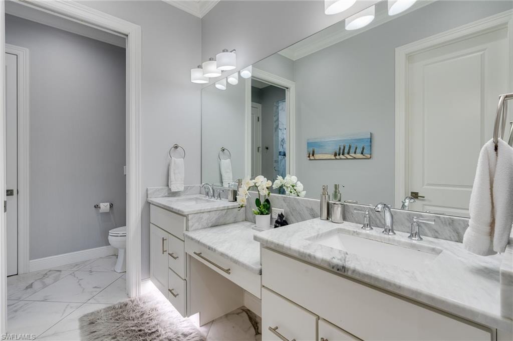 Bathroom with vanity, ornamental molding, and light marble finish flooring