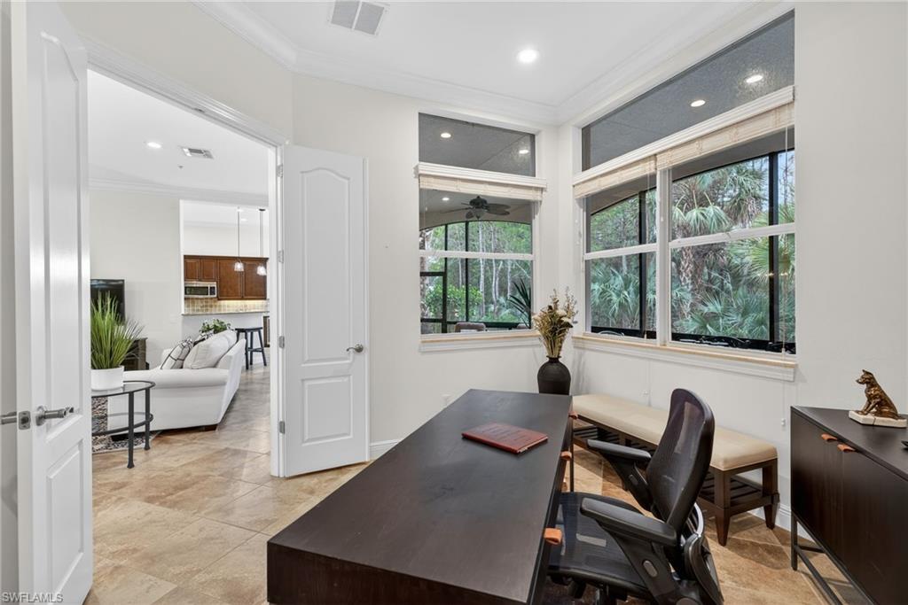 Office area featuring crown molding, recessed lighting, and ceiling fan