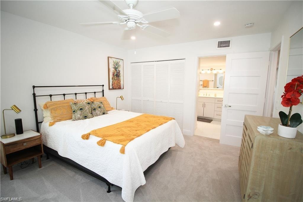 Bedroom featuring carpet floors, a closet, ceiling fan, and recessed lighting