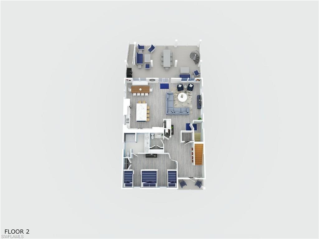 Floor 2 floor plan - kitchen, living area, bunkbed room, bathrooms and patio - virtually enhanced