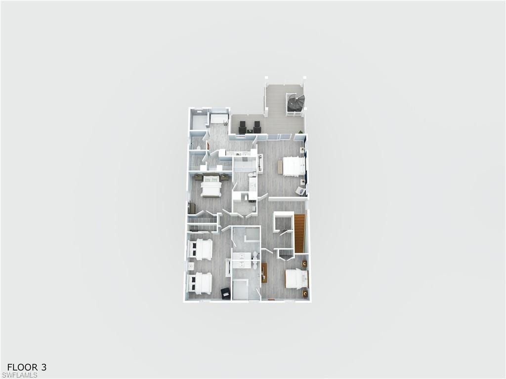 Floor 3 floorpan - 4 bedrooms, 4 bathrooms, outdoor deck - virtually enhanced