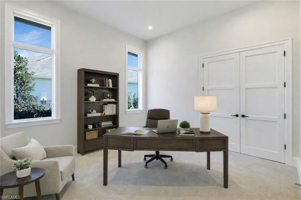 Home office featuring light carpet and recessed lighting