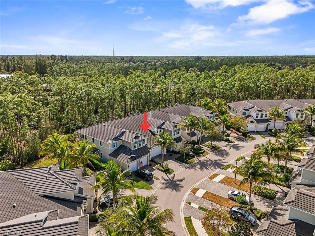 Aerial view of residential area with a forest
