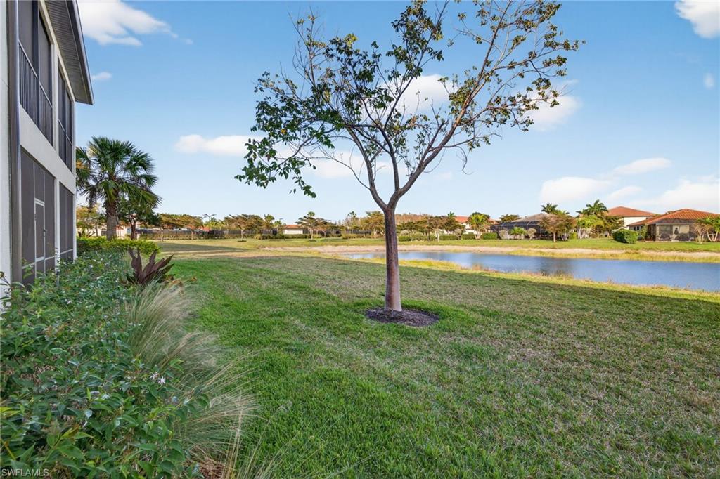 View of green lawn with a water view and a residential view