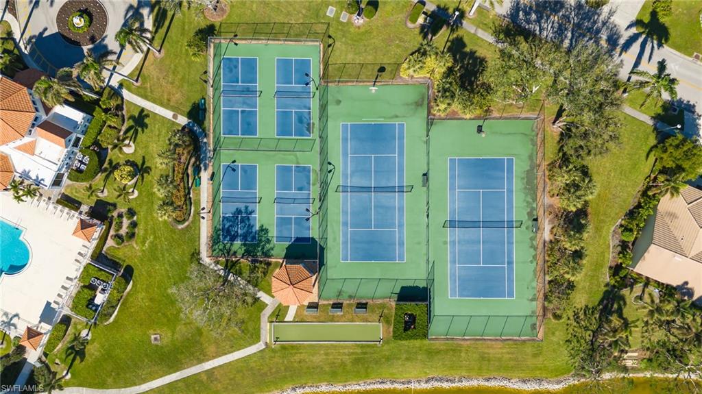 Aerial view of tennis, pickleball, basketball, and bocce ball courts