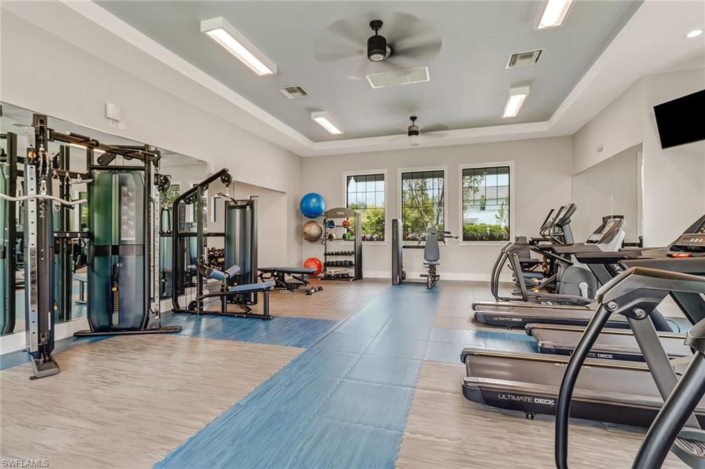 Workout area with a ceiling fan