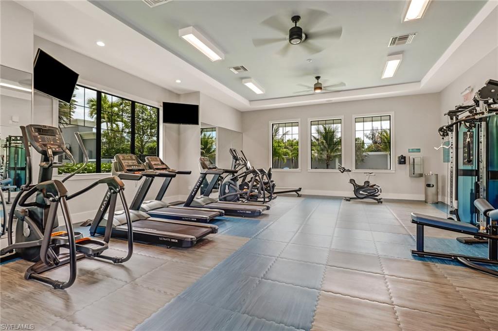 Workout area with ceiling fan