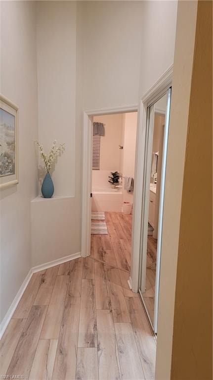 Hallway with light wood-type flooring and a high ceiling