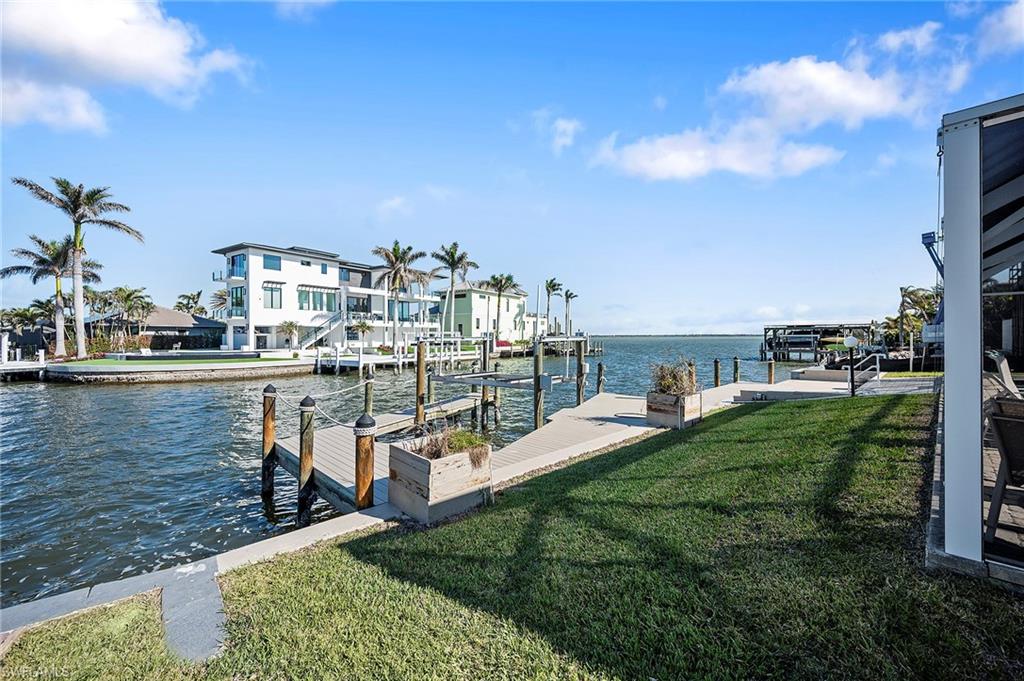 View of dock featuring a water view and a yard