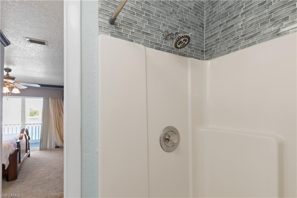 Detailed view of ensuite bathroom, a shower, carpet floors, and a ceiling fan