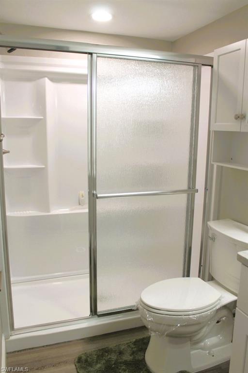 Full bath featuring light wood-type flooring, a shower stall, and vanity
