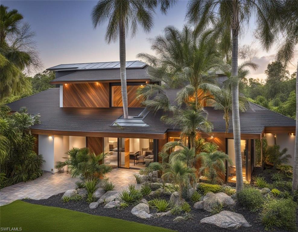 Digital Rendering Back of house at dusk featuring a patio