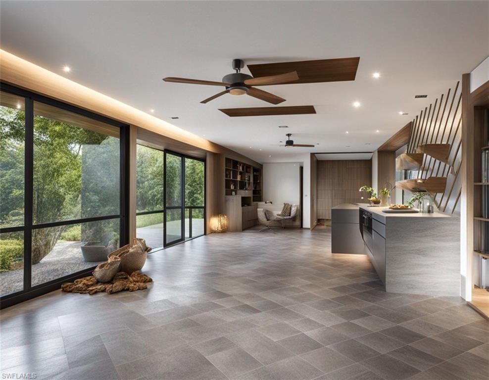Digital Rendering Living room featuring recessed lighting, a ceiling fan, and floor to ceiling windows