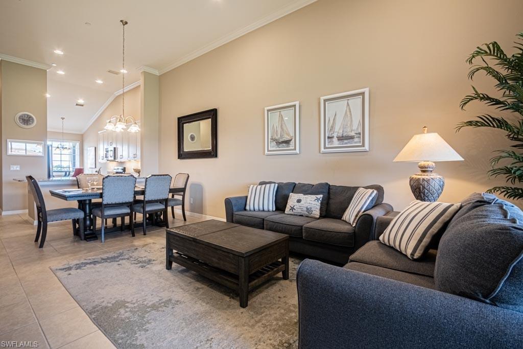 view from living area to kitchen & dining room