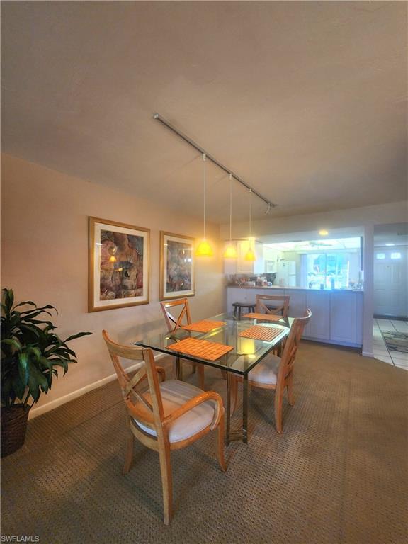 Carpeted dining space featuring track lighting and baseboards