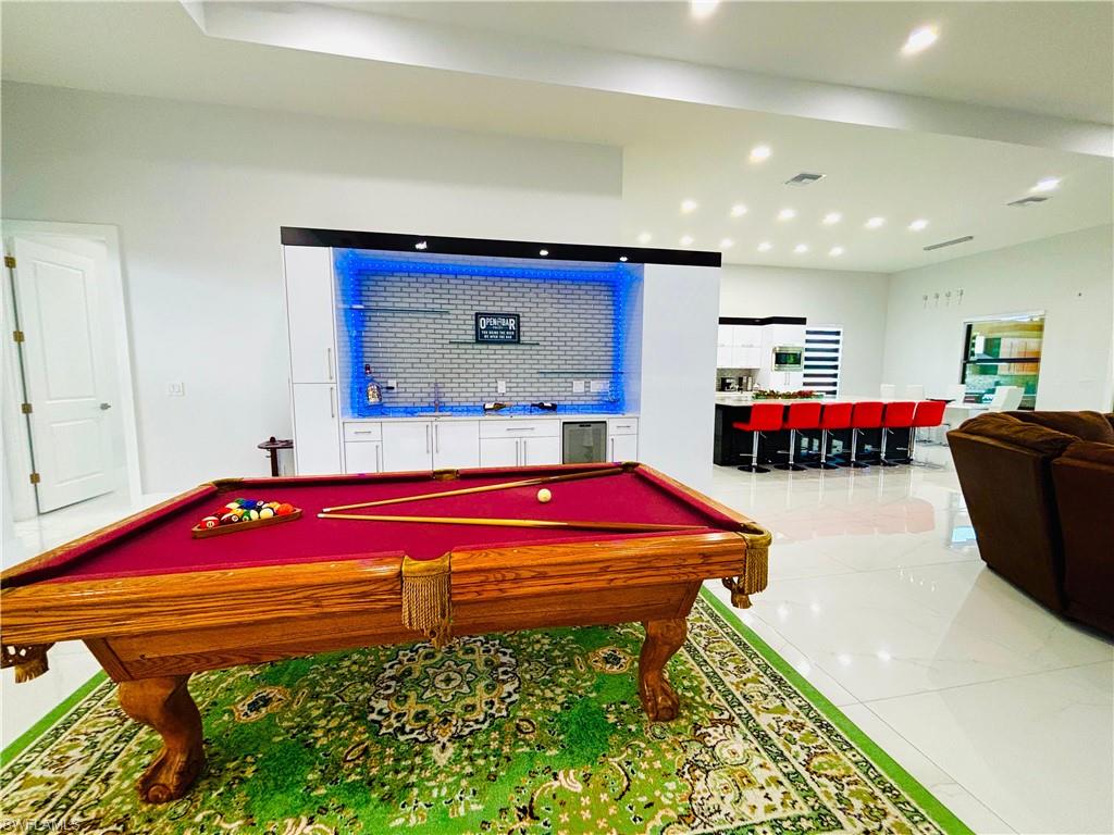 Recreation room featuring wine cooler, billiards, and recessed lighting