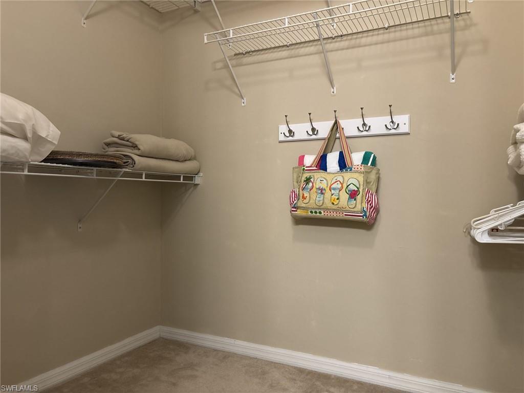 Walk in closet featuring light colored carpet