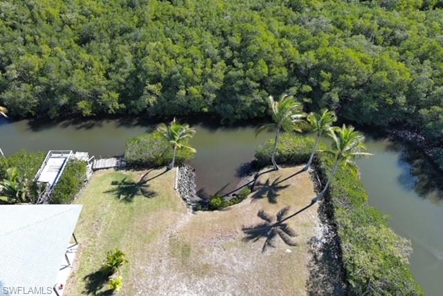 Aerial view of property's location with a large body of water and a heavily wooded area