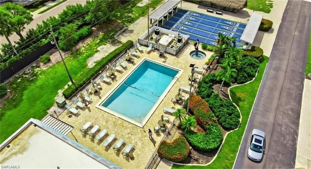 Drone / aerial view of a pool