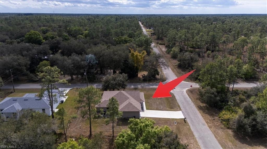 Aerial view of a heavily wooded area