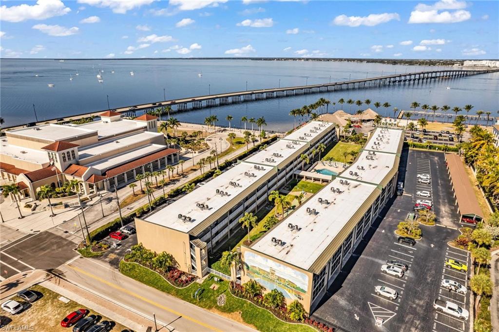 Aerial view of a notable bridge and a nearby body of water