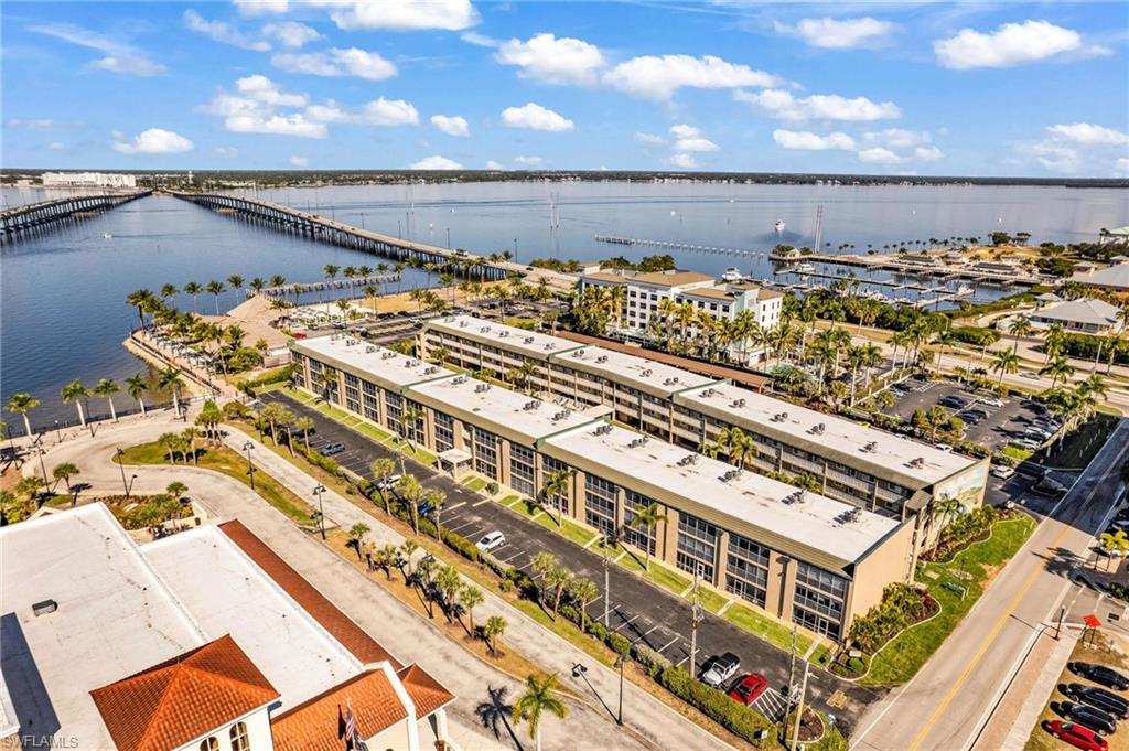 Drone / aerial view of a notable bridge and a nearby body of water