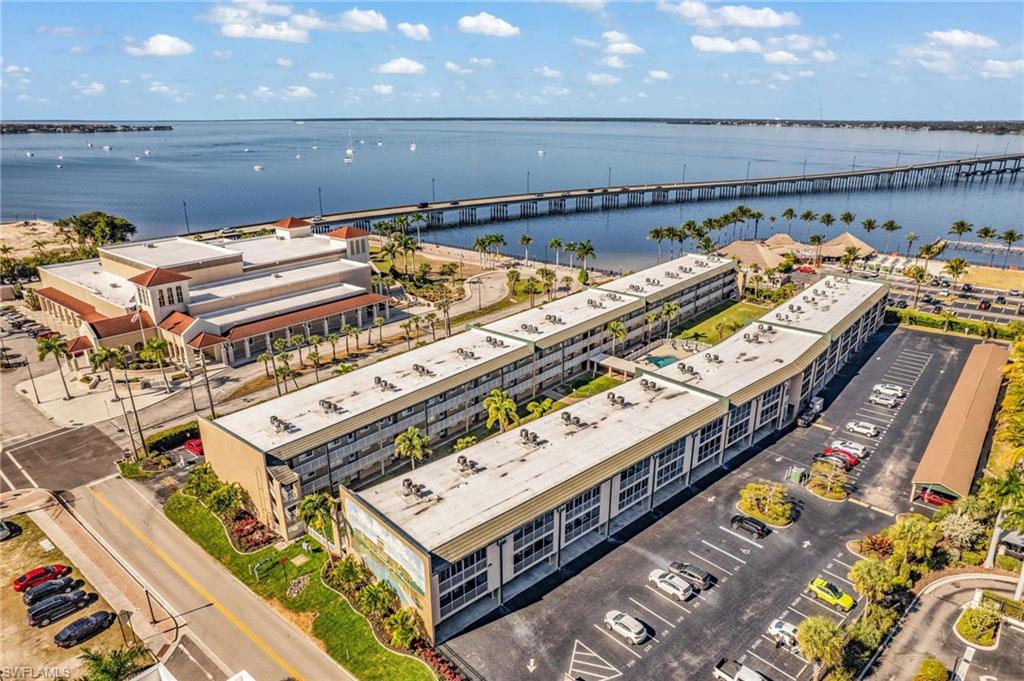Drone / aerial view of a notable bridge and a nearby body of water