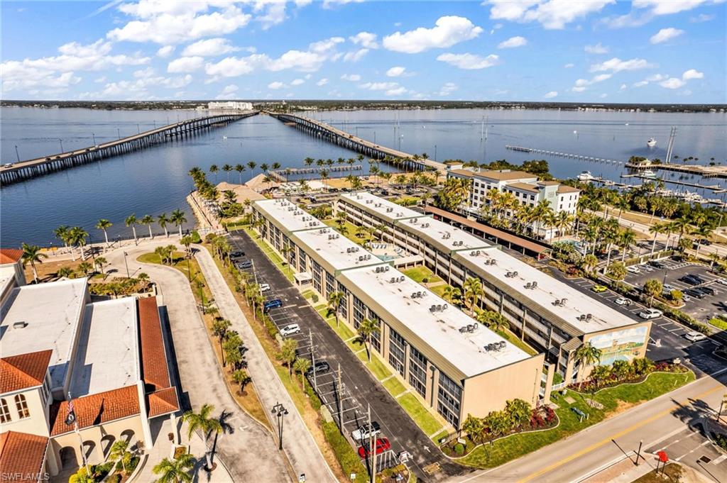 Aerial view of a notable bridge and a large body of water