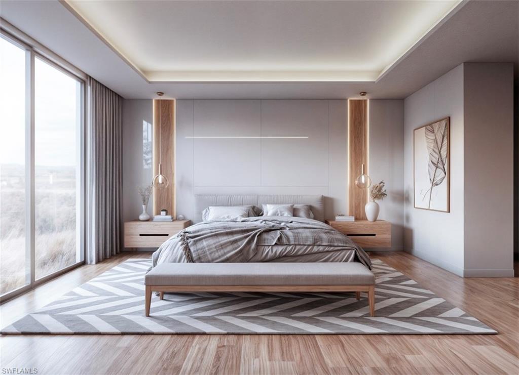 Bedroom with wood finished floors and a raised ceiling (Rendered photo)