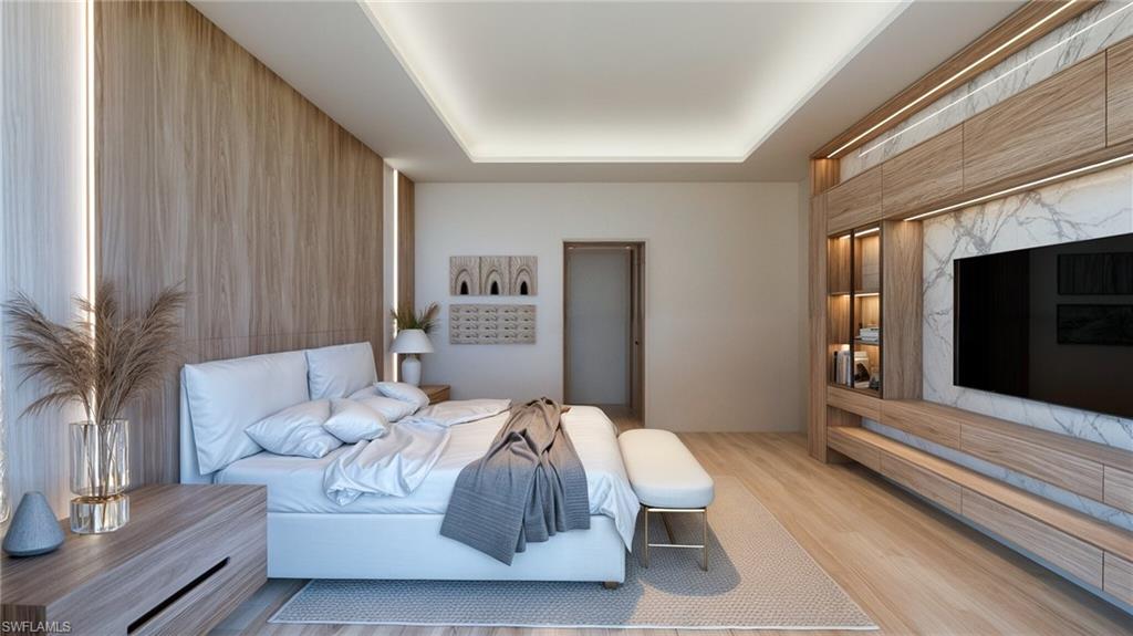 Bedroom with light wood-style floors and a tray ceiling (Rendered photo)