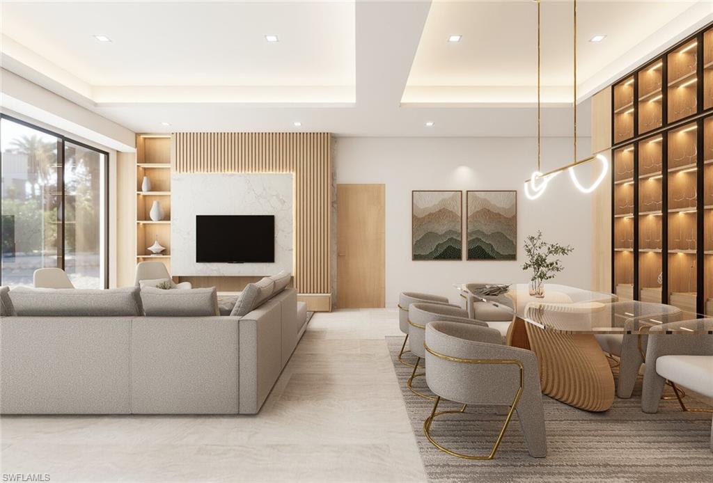 Living area featuring built in features, recessed lighting, and a raised ceiling (Rendered photo)