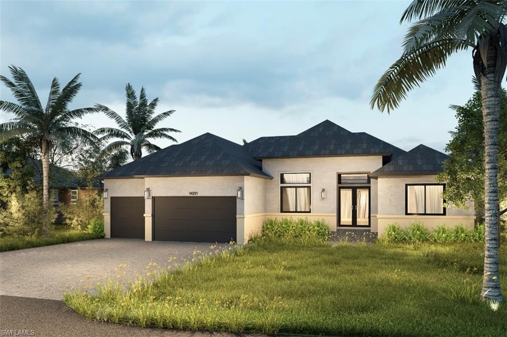 View of front facade with stucco siding, driveway, a garage, a front lawn, and roof with shingles (Rendered photo)