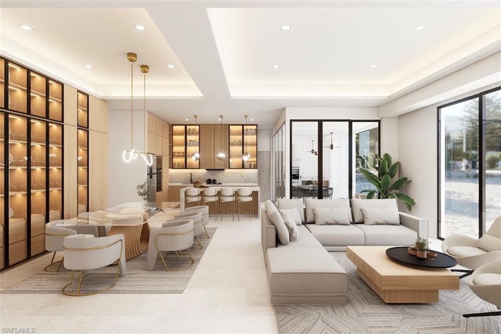 Living room with a raised ceiling and recessed lighting (Rendered photo)
