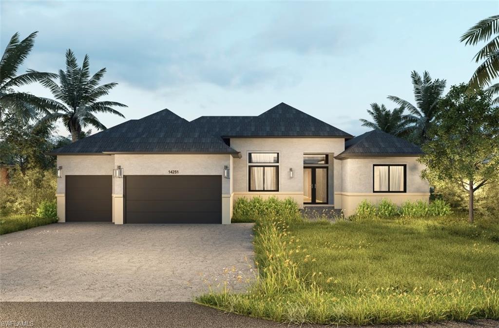 View of front of property with stucco siding, an attached garage, driveway, and a shingled roof (Rendered photo)