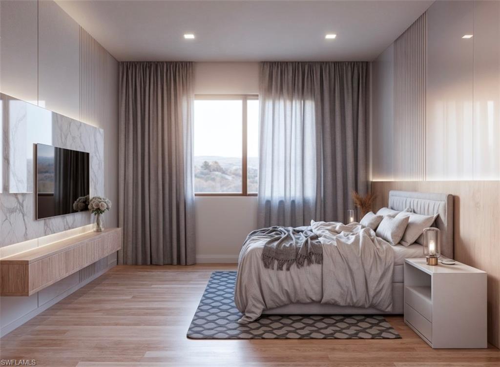 Bedroom featuring light wood-style flooring and recessed lighting (Rendered photo)