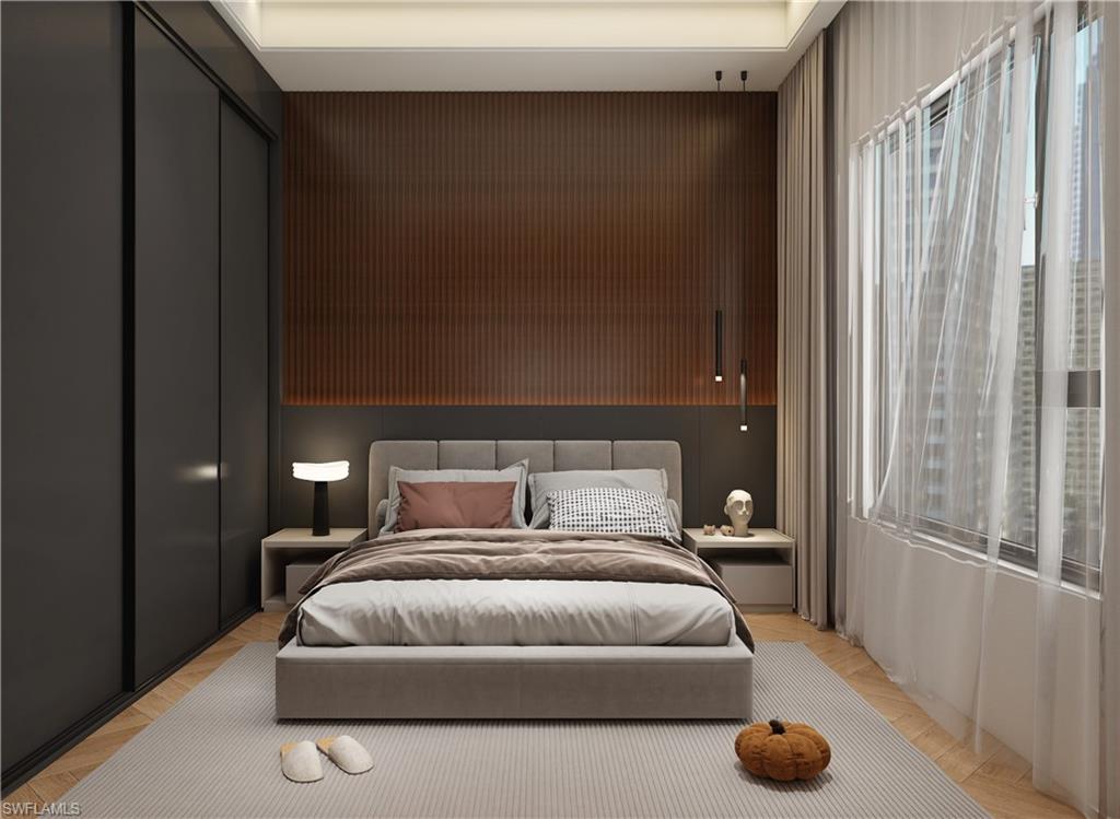 Bedroom with a closet and an accent wall (Rendered photo)