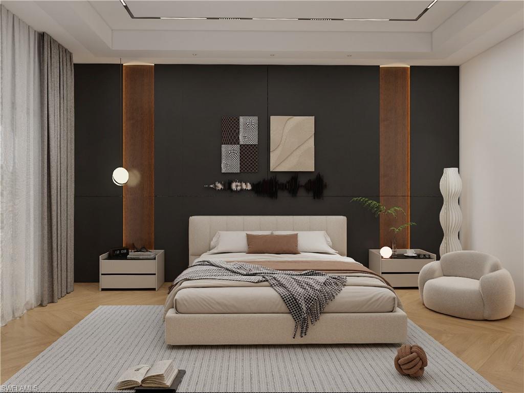 Bedroom with parquet floors and a tray ceiling (Rendered photo)
