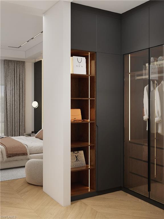 Bedroom with a closet and parquet floors (Rendered photo)